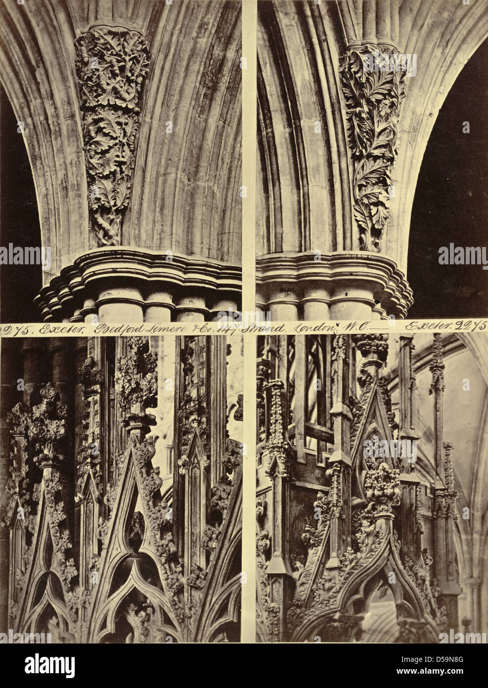 Kathedrale von Exeter. Details der Reliefschnitzen Stockfoto