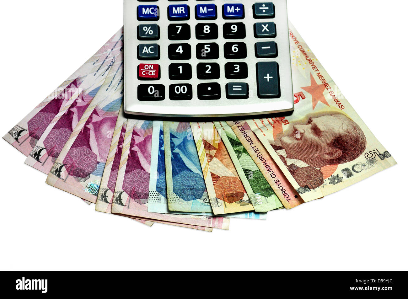 Rechner und Geld isoliert Stockfoto