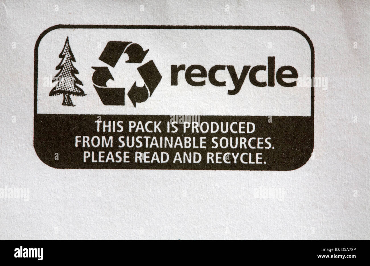 Recyceln diese Packung wird aus nachhaltigen Quellen hergestellt. Bitte lesen und recyceln - Entsorgung Recycling Recycling Logo-Symbol Stockfoto