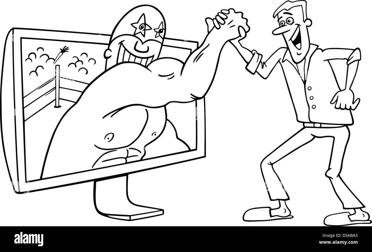 Schwarz / Weiß Cartoon Illustration von lustigen Mann mit Ringer für tv oder interaktives digitales Fernsehen Stockfoto