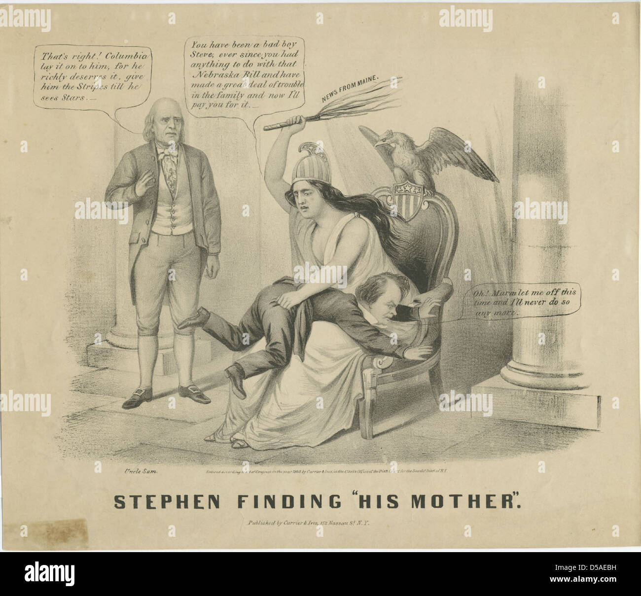 Stephen Arnold Douglas, dargestellt in diesem politischen Zeichentrick mit Onkel Sam und Symbolic Birds, spiegelt die politischen Spannungen während des Kansas-Nebraska Act wider. Stockfoto