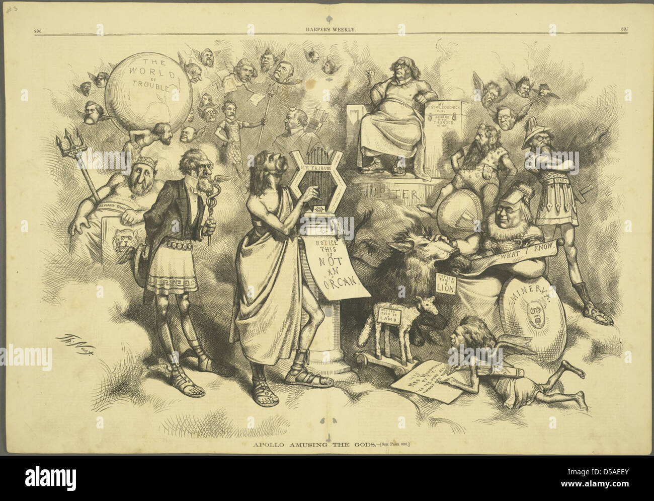 Dieser politische Zeichentrick zeigt Apollo, der die Götter amüsiert, mit verschiedenen Figuren wie Horace Greeley, Andrew Johnson und William Marcy Tweed, die neben mythologischen Symbolen wie Leiern und Eseln dargestellt werden. Die Illustration ist ein satirischer Kommentar zur amerikanischen Politik im 19. Jahrhundert. Stockfoto