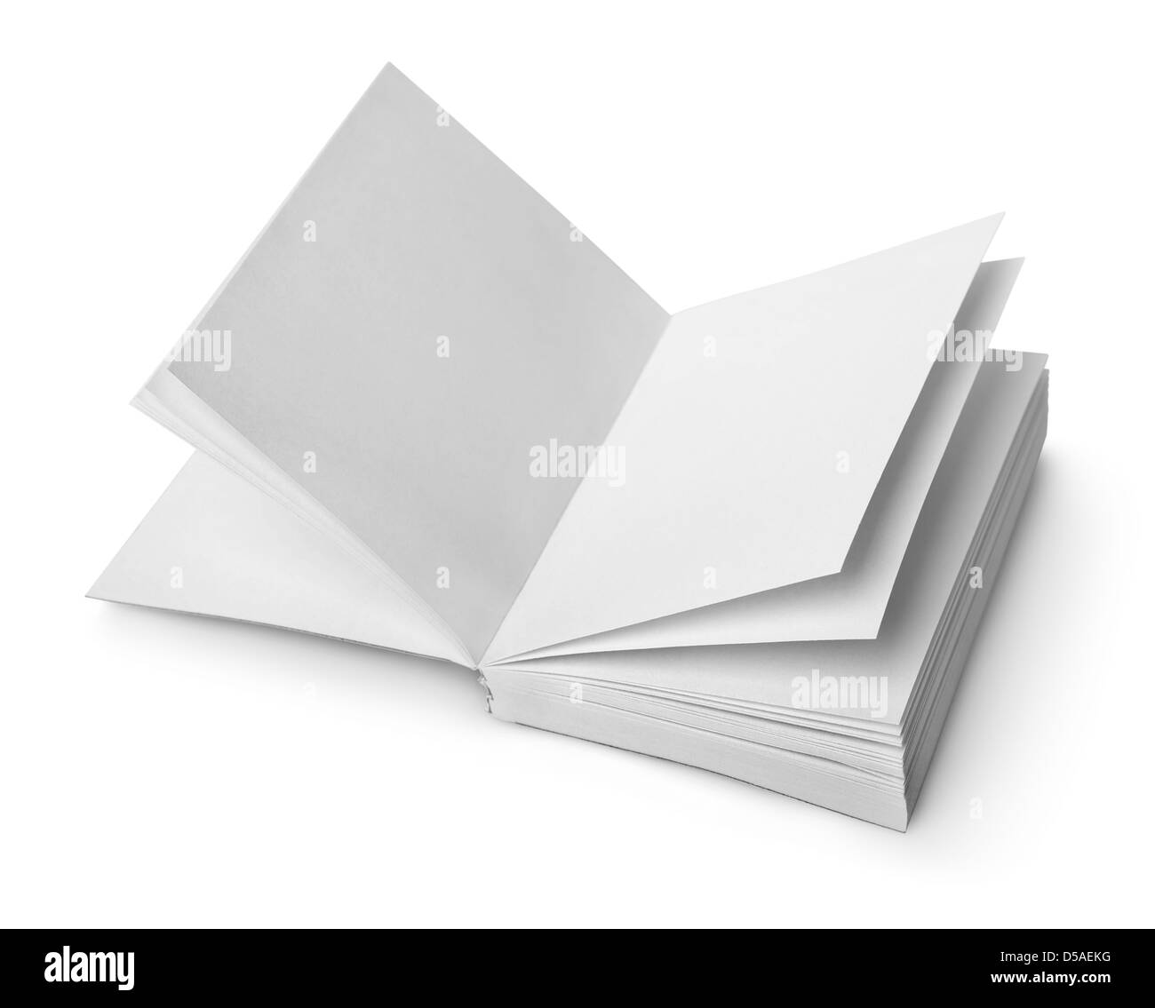 Offenes Buch mit sauberen Laken isoliert auf weißem Hintergrund Stockfoto