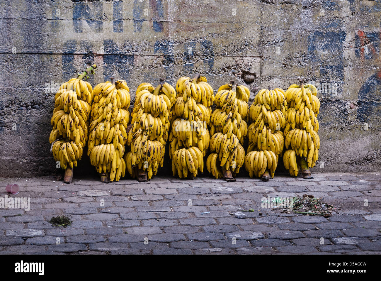 Sieben große Bündel Bananen sind gegen eine Betonwand auf einem Markt in Saquisili, Ecuador gestapelt. Stockfoto