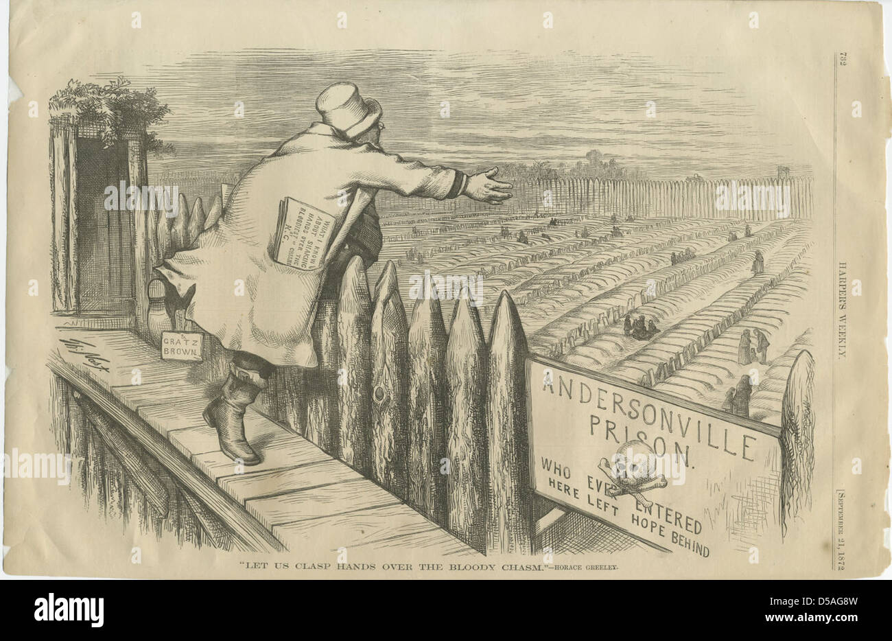 Ein politischer Zeichentrick aus der Zeit des Amerikanischen Bürgerkriegs, der die tiefen Kluft zwischen Nord und Süd veranschaulicht. Das Bild zeigt die Trauernden im Gefängnis Andersonville, mit einem Schädel und einer Stange im Hintergrund. Stockfoto