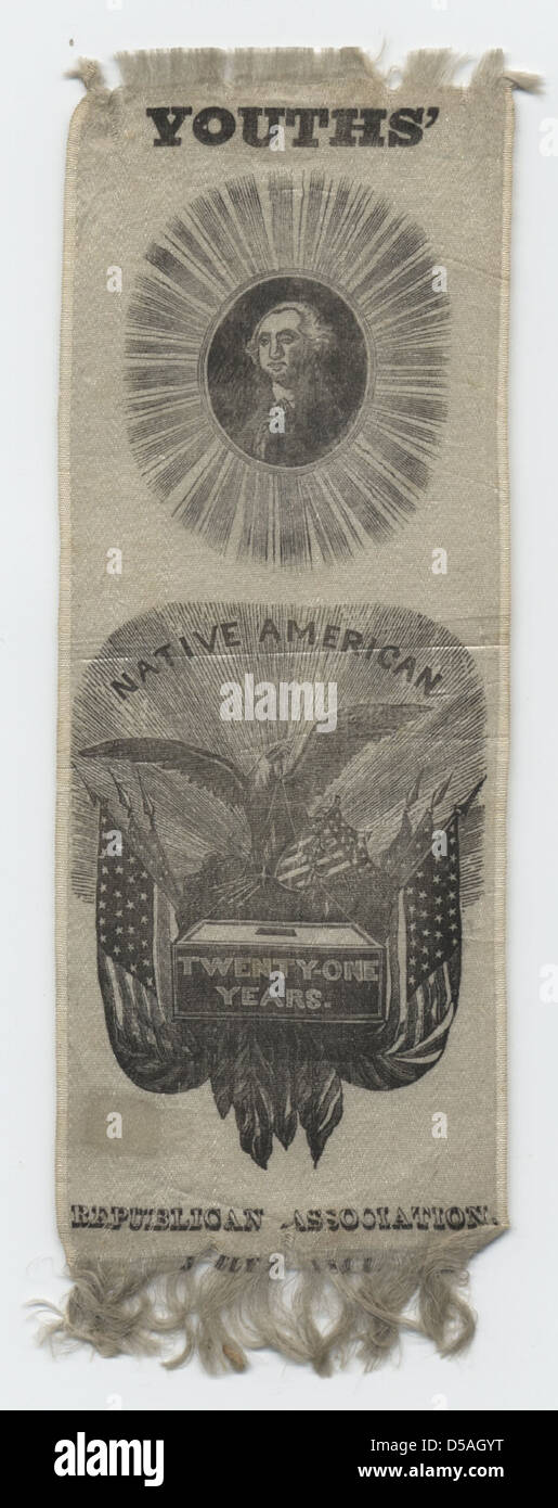 Ein Band der 1844 Native American Republican Association mit amerikanischen Flaggen und Wahlurnen symbolisiert das politische Engagement der Ureinwohner in den USA Stockfoto
