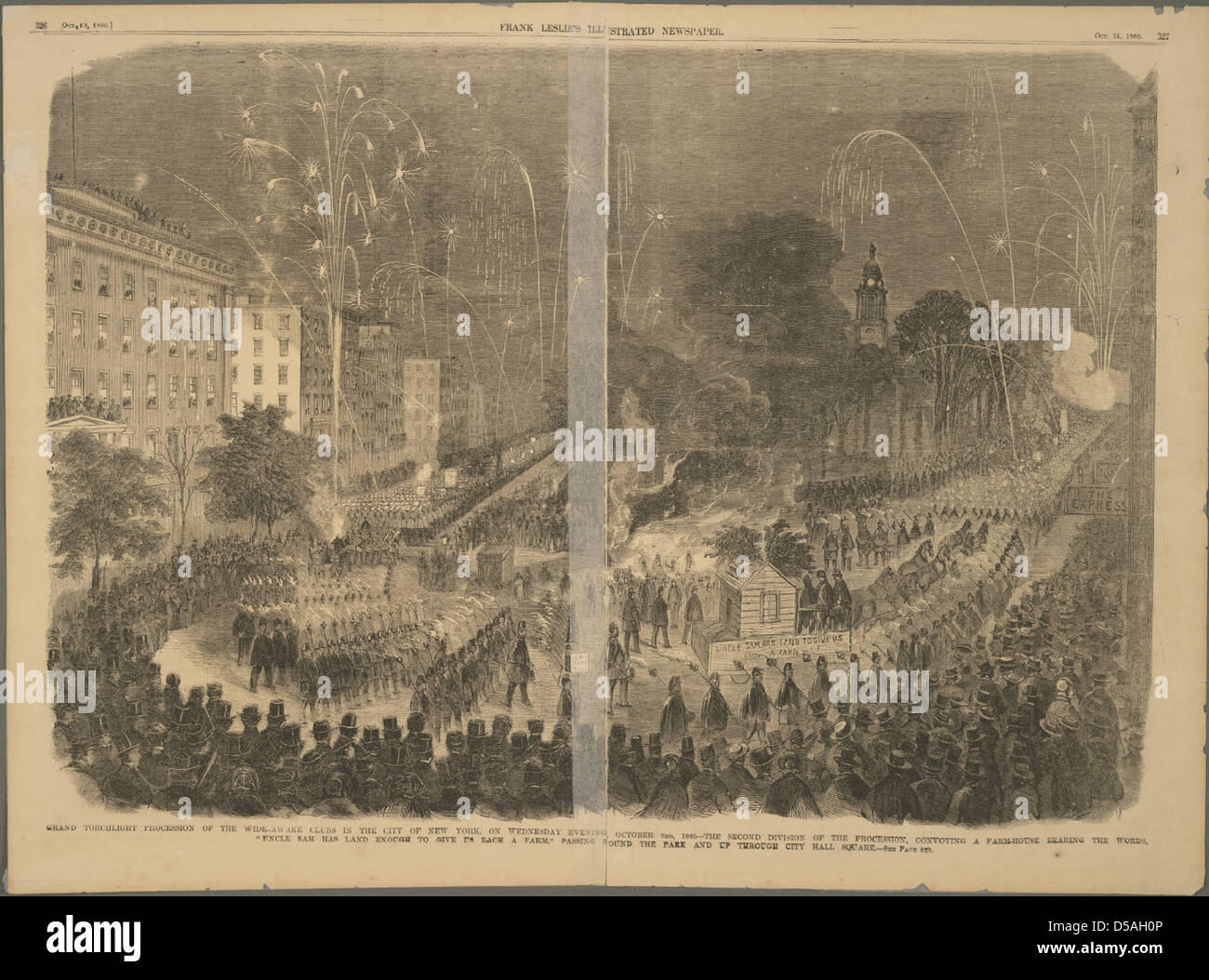 Eine Fotografie, die die große Fackelprozession der Wattenwachen Clubs in New York City zeigt und die Zugehörigkeit der Republikanischen Partei und politische Versammlungen des 19. Jahrhunderts zeigt. Stockfoto