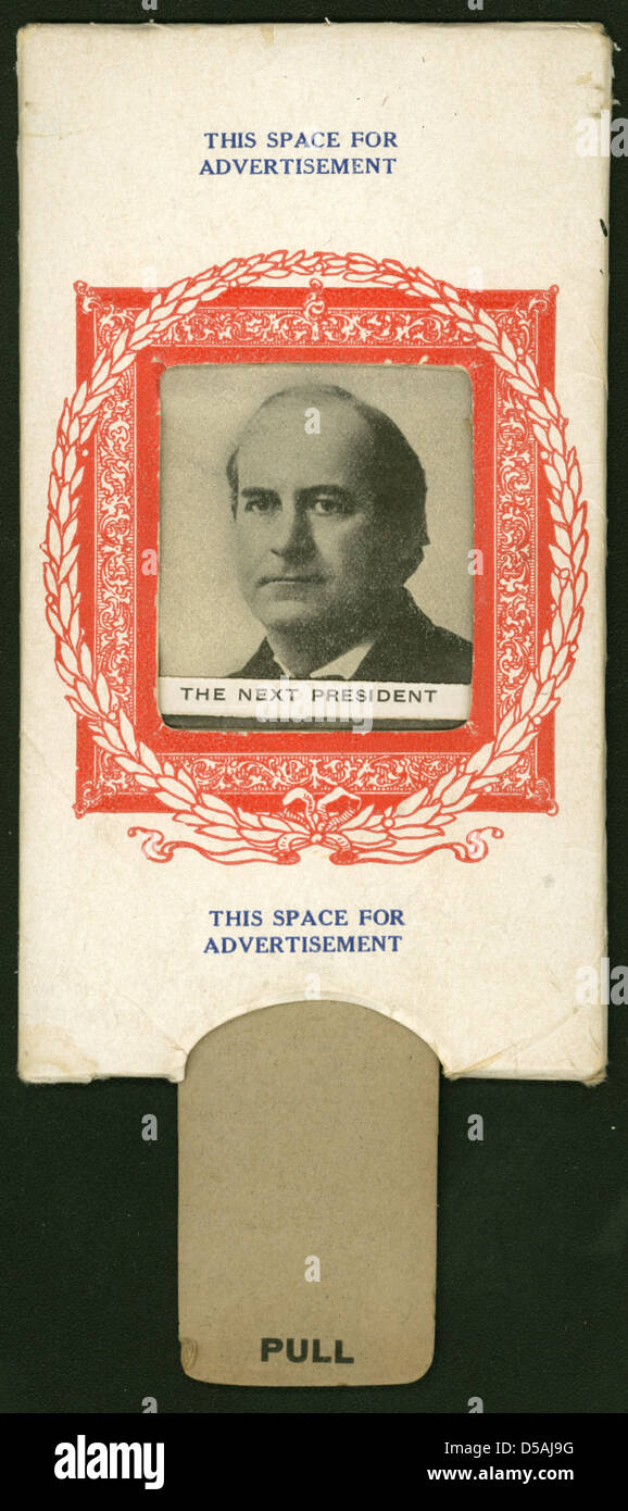 Eine politische Werbekarte mit Porträts von William Jennings Bryan und William H. Taft. Dieser historische Artikel aus dem Jahr 1908 zeigt zwei bedeutende politische Persönlichkeiten während der US-Präsidentschaftswahlkampagne. Stockfoto