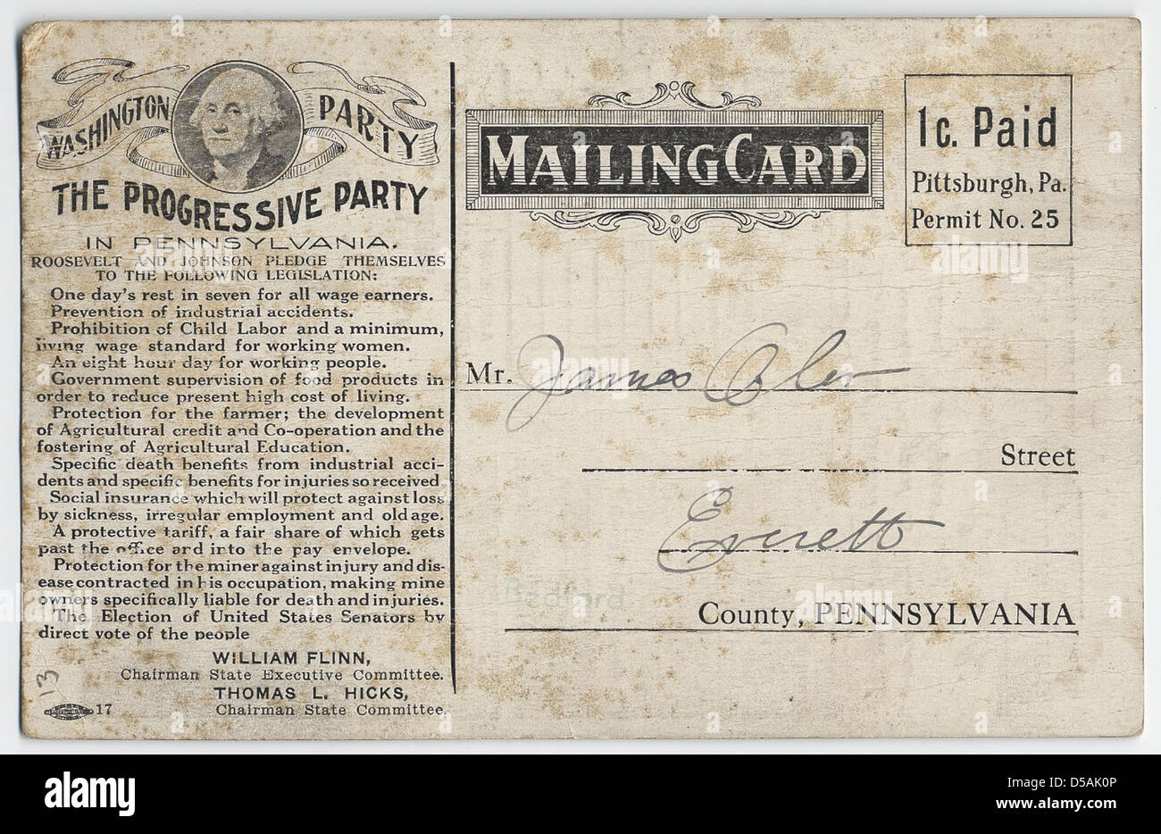 Eine Postkarte mit Theodore Roosevelt und Hiram Johnson, Vertreter der Washington Party. Das Bild unterstreicht ihre politische Allianz während Roosevelts progressiver Bewegung, die Reformen und Antikorruptionspolitik fördert. Stockfoto