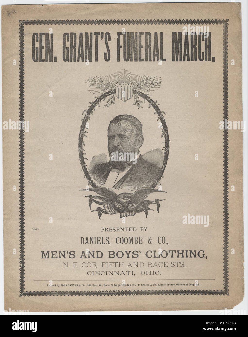 Ein Notenbuch zum Gedenken an General Ulysses S. Grants trauermarsch, einschließlich amerikanischer Flaggen und militärischer Symbole. Diese Publikation reflektiert die nationale Trauer nach Grants Tod im Jahr 1885. Stockfoto