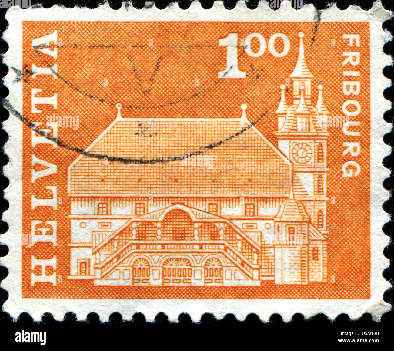 Schweiz - ca. 1960: Eine Briefmarke gedruckt in der Schweiz zeigt Rathaus, Fribourg, Schweiz, ca. 1960 Stockfoto