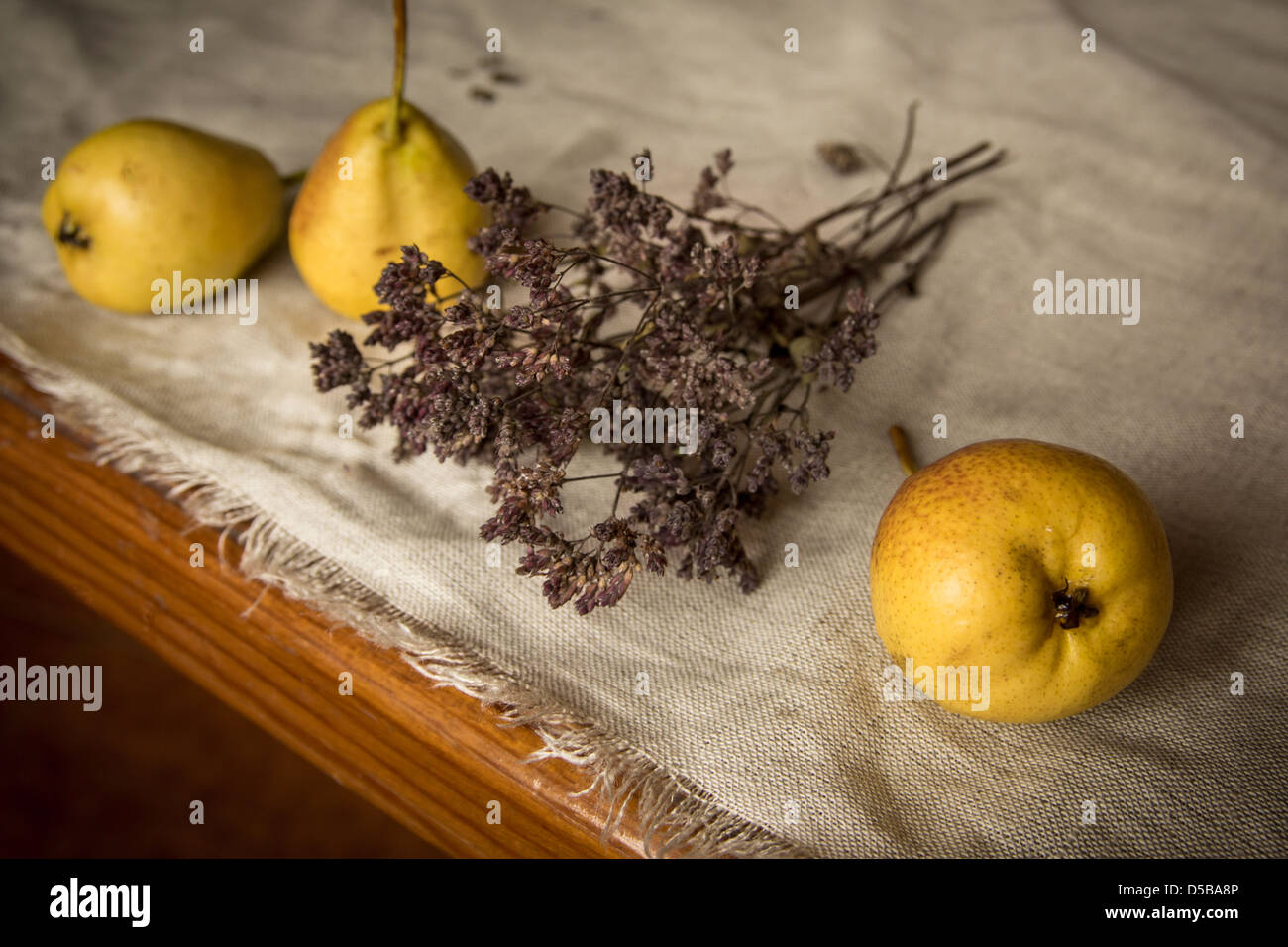 Birnen und Oregano sind auf Leinen Tischdecke, natürliche ligth Stockfoto