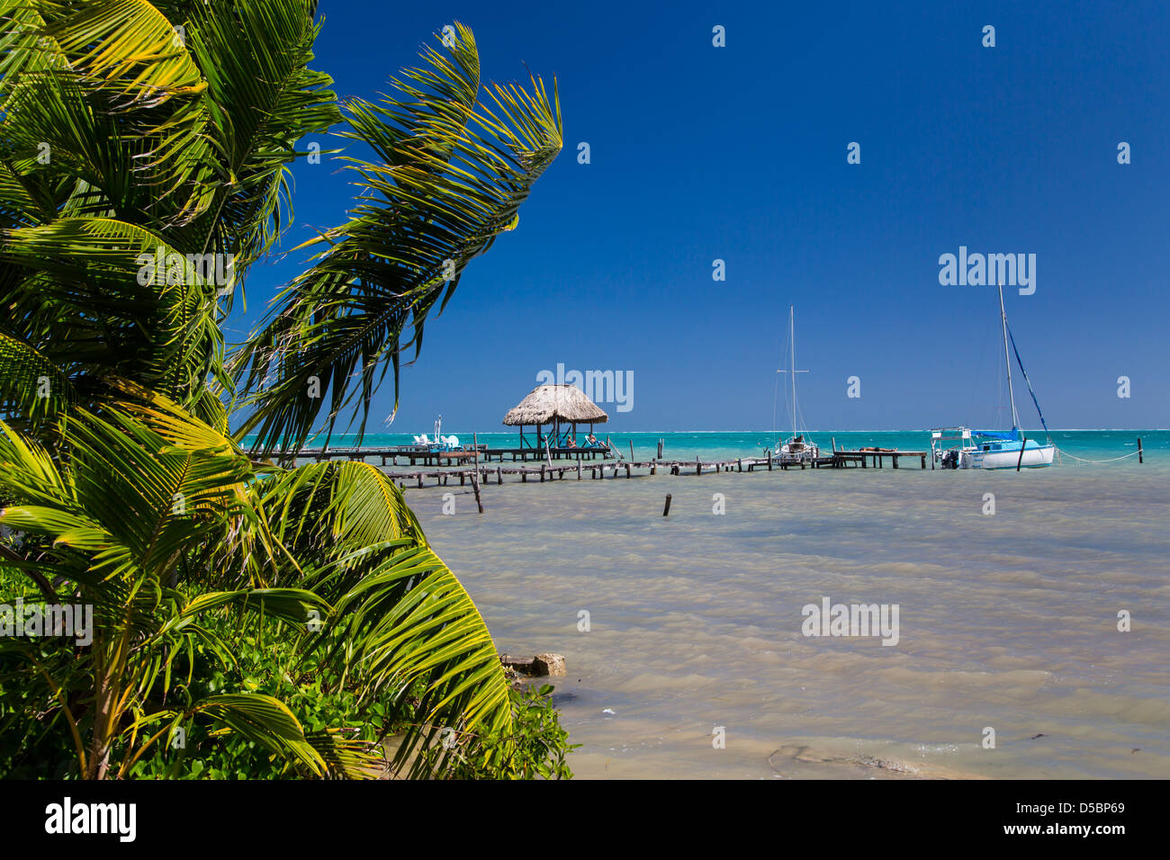 Ein Strand und Pier auf der tropischen Insel Cay Caulker, Belize, Caribbean. Stockfoto