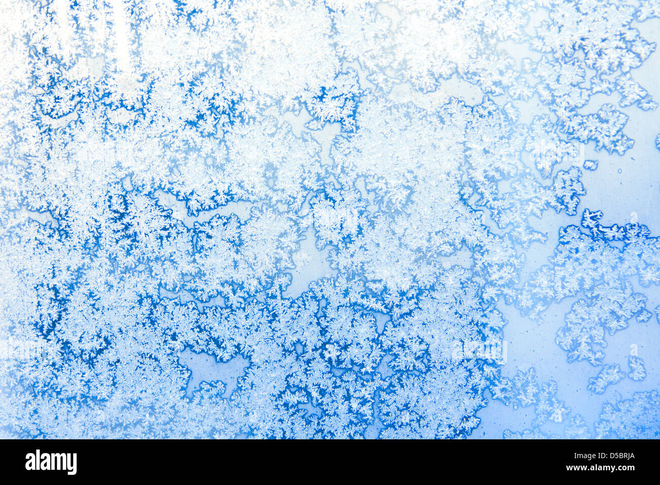 Frost-Kristalle machen einzigartige Muster auf Fenster Stockfoto