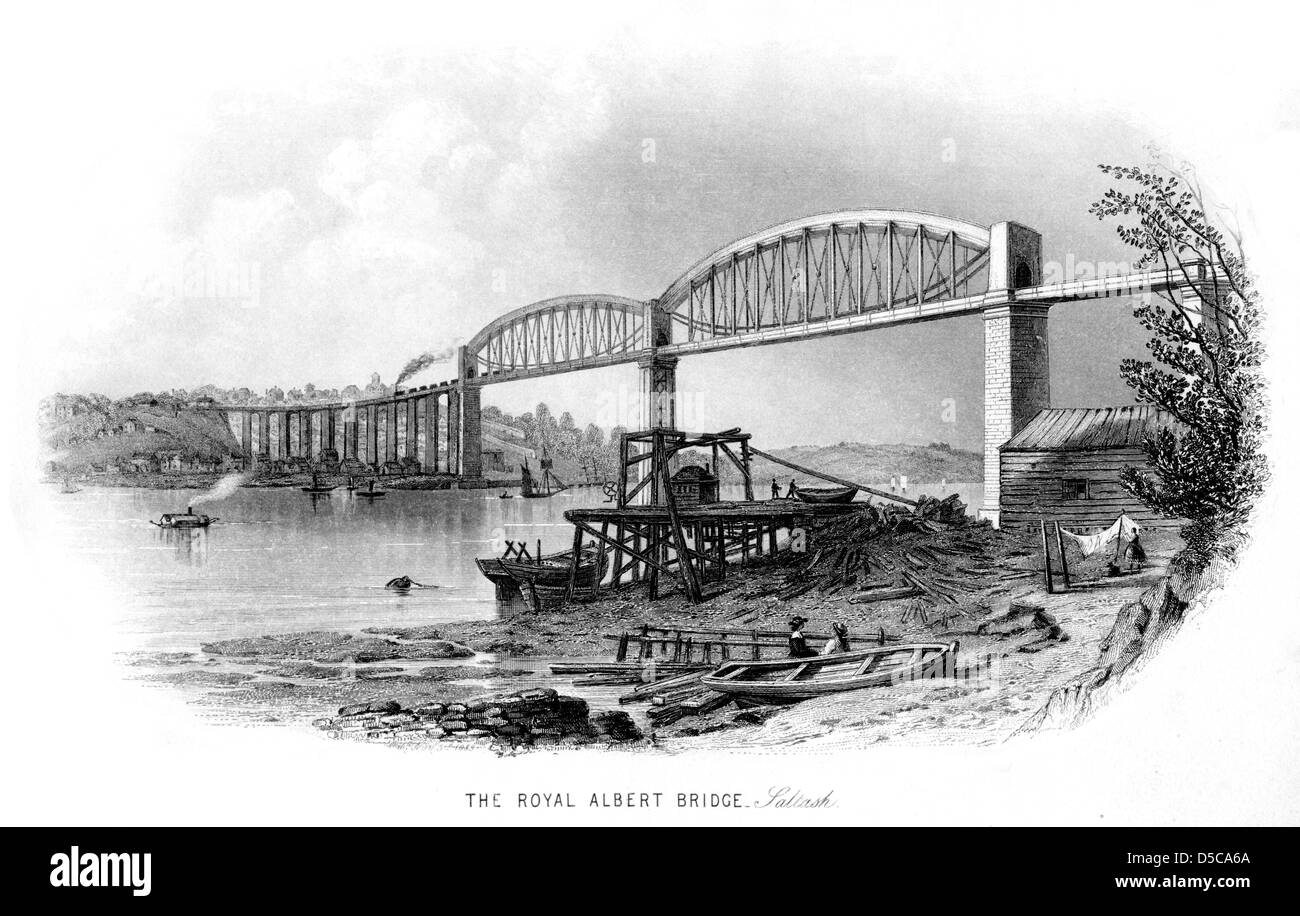 Eine 1850s Gravur der Royal Albert Eisenbahnbrücke - Saltash bei hoher Auflösung gescannt von der ursprünglichen Booklet. Stockfoto