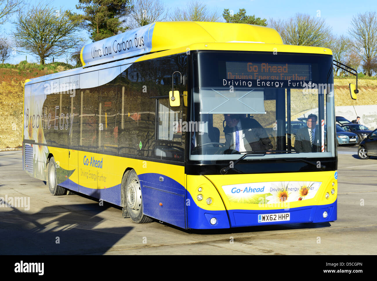 Niedrigem Kohlenstoffgehalt Bus. Umweltfreundliche öffentliche Verkehrsmittel, UK Stockfoto