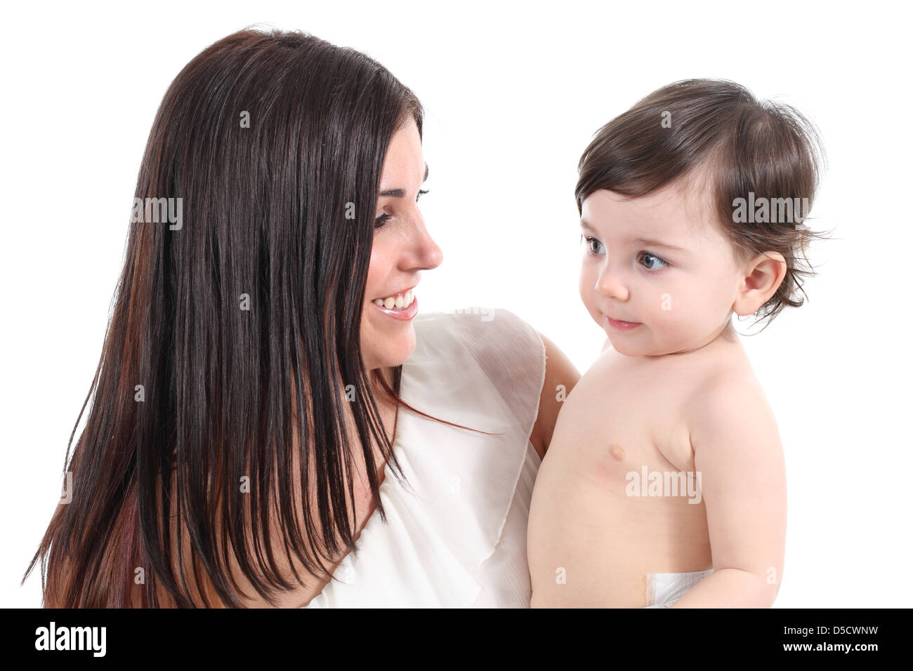 Porträt einer Mutter und ihrem Baby isoliert auf weißem Hintergrund Stockfoto