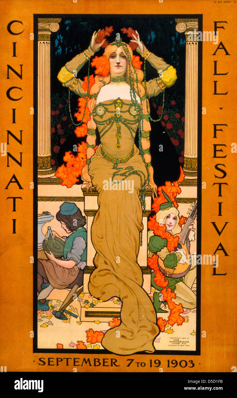 Cincinnati Herbstfest September 7 bis 19 1903. Plakat kündigt die Cincinnati Herbstfest zeigt eine Frau sitzend auf einem Sockel platziert einen Kranz auf ihren Kopf und tragen Jugendstil-Schmuck; ein kindlich Handwerker und Musiker sitzen an den Seiten des Sockels. Stockfoto