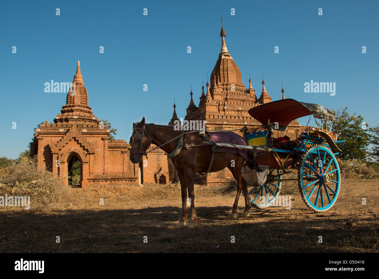 Pferdekutsche Kutsche in einem Tempel in Bagan. Stockfoto