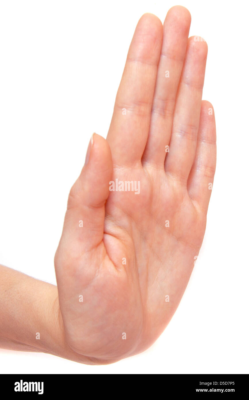 Stop Handbewegung durch weibliche hand isolierten auf weißen Hintergrund Stockfoto