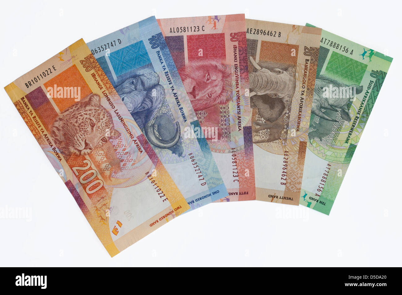 Südafrikanische Banknoten - Start November 2012 zeigen, Nelson Mandela und einem großen fünf Tierthema auf der Rückseite Stockfoto