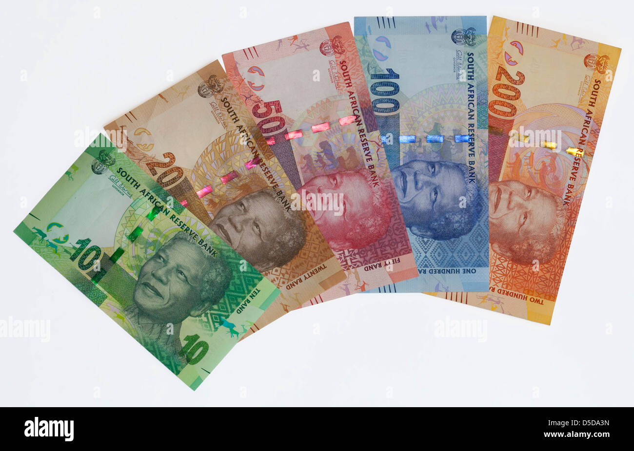 Südafrikanische Banknoten - Start November 2012 zeigen, Nelson Mandela und einem großen fünf Tierthema auf der Rückseite Stockfoto
