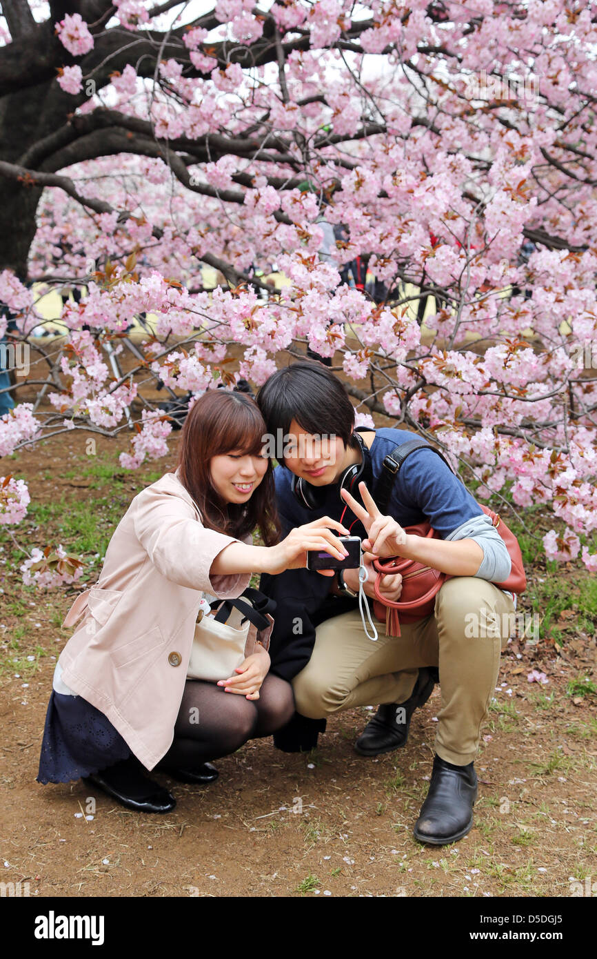 Tokio, Japan. 29. März 2013. Japaner Fotos und genießen Sie den Frühling Cherry Blossom Time in Shinjuku Gyōen Park in Tokio, Japan. In diesem Jahr die Bäume blühten früher als üblich, aber das hielt Menschen genießen die traditionelle Picknicks und Essen und trinken unter den Blumen. Paul Brown / Alamy Live News Stockfoto