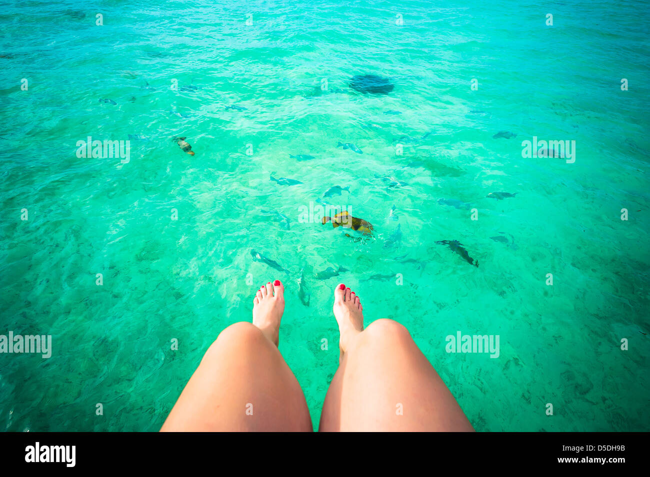 Weibliche Füße und den tropischen Ozean voller Fische Stockfoto