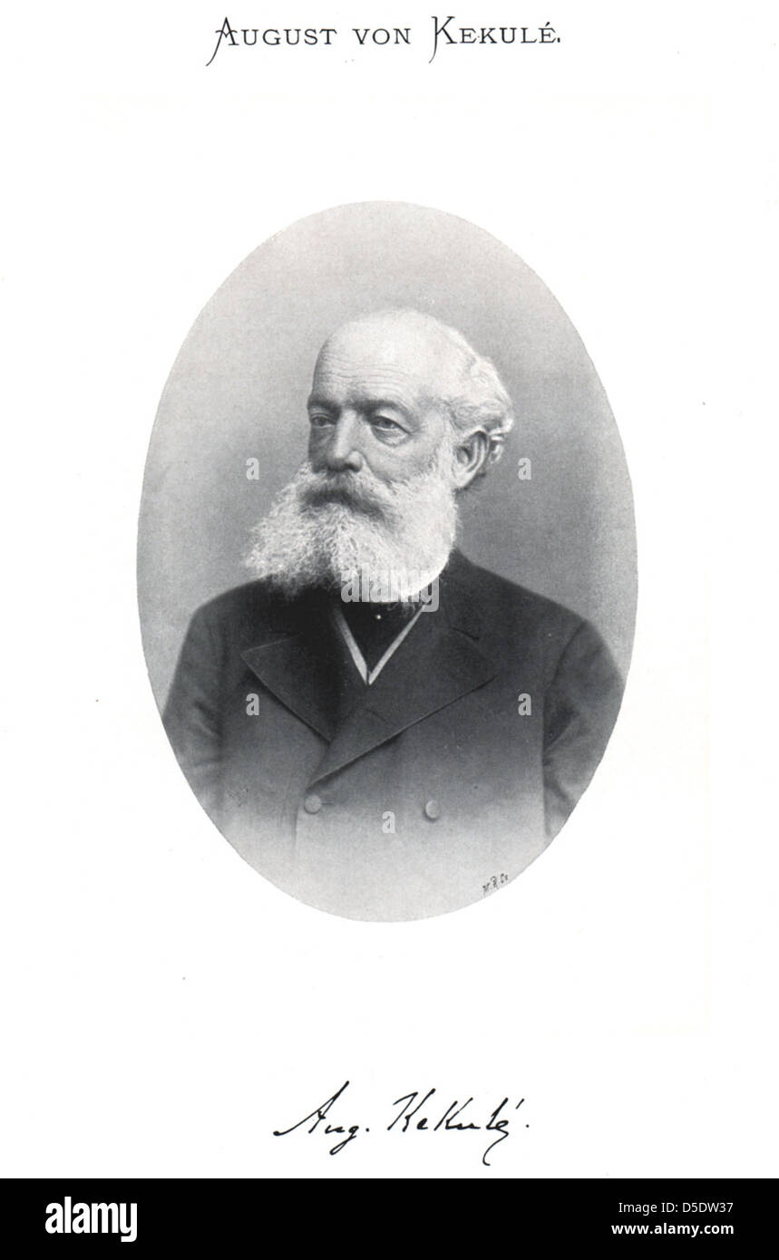 Dieses Porträt von August Kekule, einem renommierten Chemiker, fängt sein Gleichnis mit einem Fokus auf seine Arbeit über die Struktur von Benzol ein, ein Meilenstein in der Chemie. Stockfoto