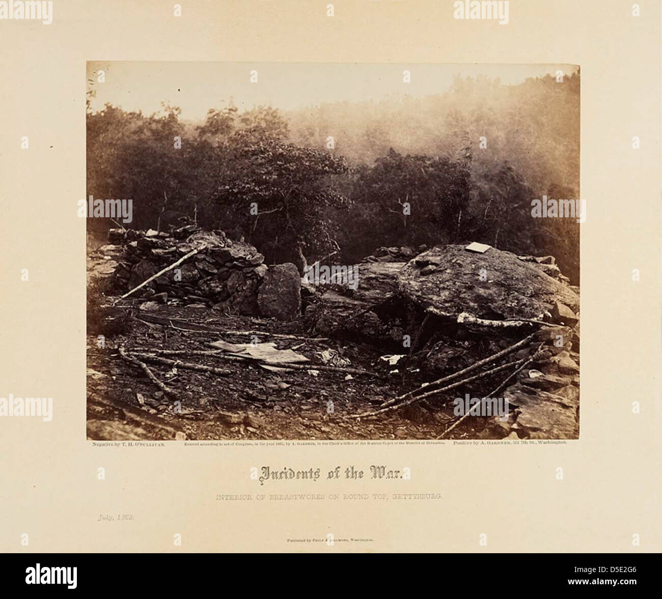 Ereignisse des Krieges: Innenraum der Breastworks auf Round Top, Gettysburg Stockfoto