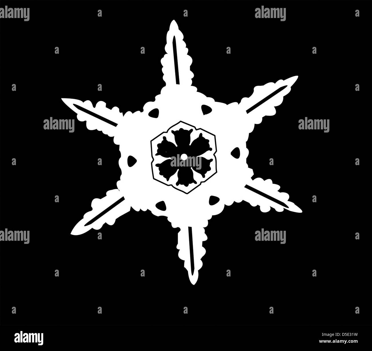 Eine Vorlage, die in Wilson A. Bentleys Schneeflocken-Studie verwendet wurde, zeigt seine Pionierarbeit beim Fotografieren von Schneeflocken und die wissenschaftlichen Methoden, die er an der Smithsonian Institution einsetzte. Stockfoto