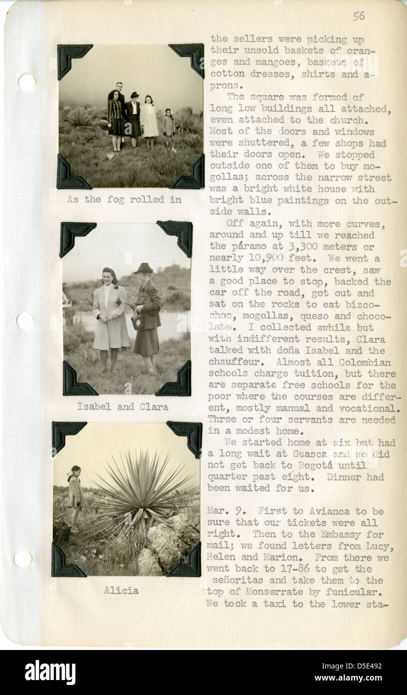 Seite von Feldnotizen durch Edward Chapin, mit Fotos, Kolumbien, 1942 Stockfoto