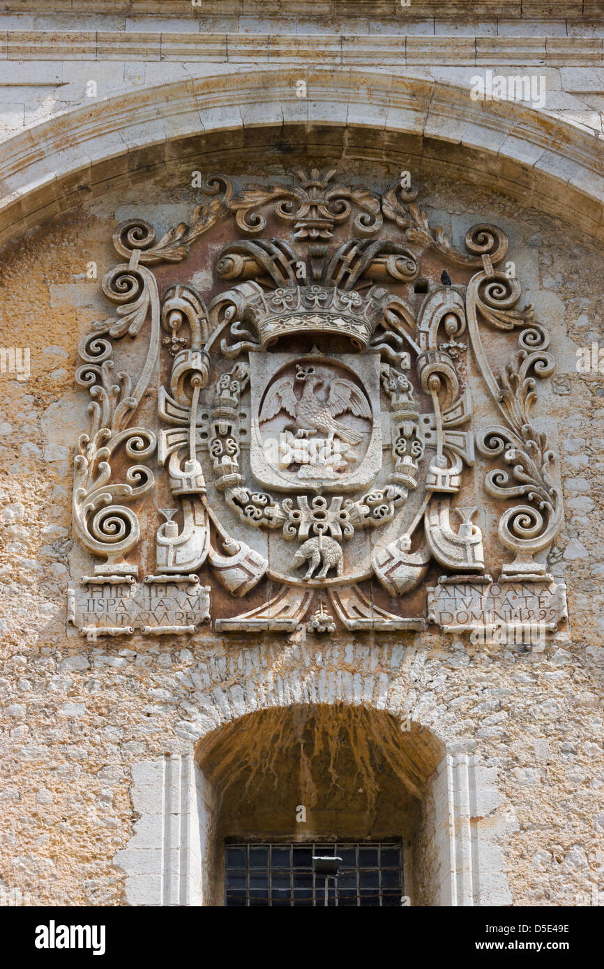 Carven auf den Eingang der Kathedrale von Merida, Merida, Yucatan State, Mexiko Stockfoto