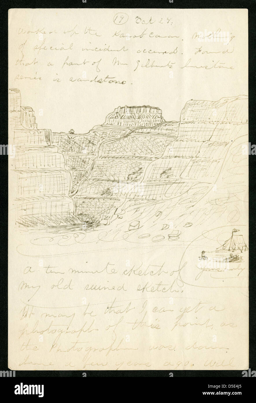 Dieser Eintrag aus Charles Walcotts Feldnotizen vom 15. Oktober bis 3. November 1879 ist Teil seiner paläontologischen Forschung. Er dokumentiert seine Erkenntnisse und Beobachtungen während seiner Expedition, die zur Entwicklung der amerikanischen Paläontologie beitrugen. Stockfoto
