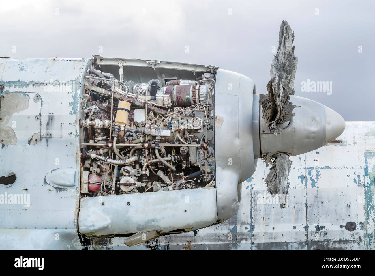 Auf der rechten Seite wurde der Propeller eines langgezogenen sowjetischen zivilen Transportflugzeugs freigelegt. Stockfoto