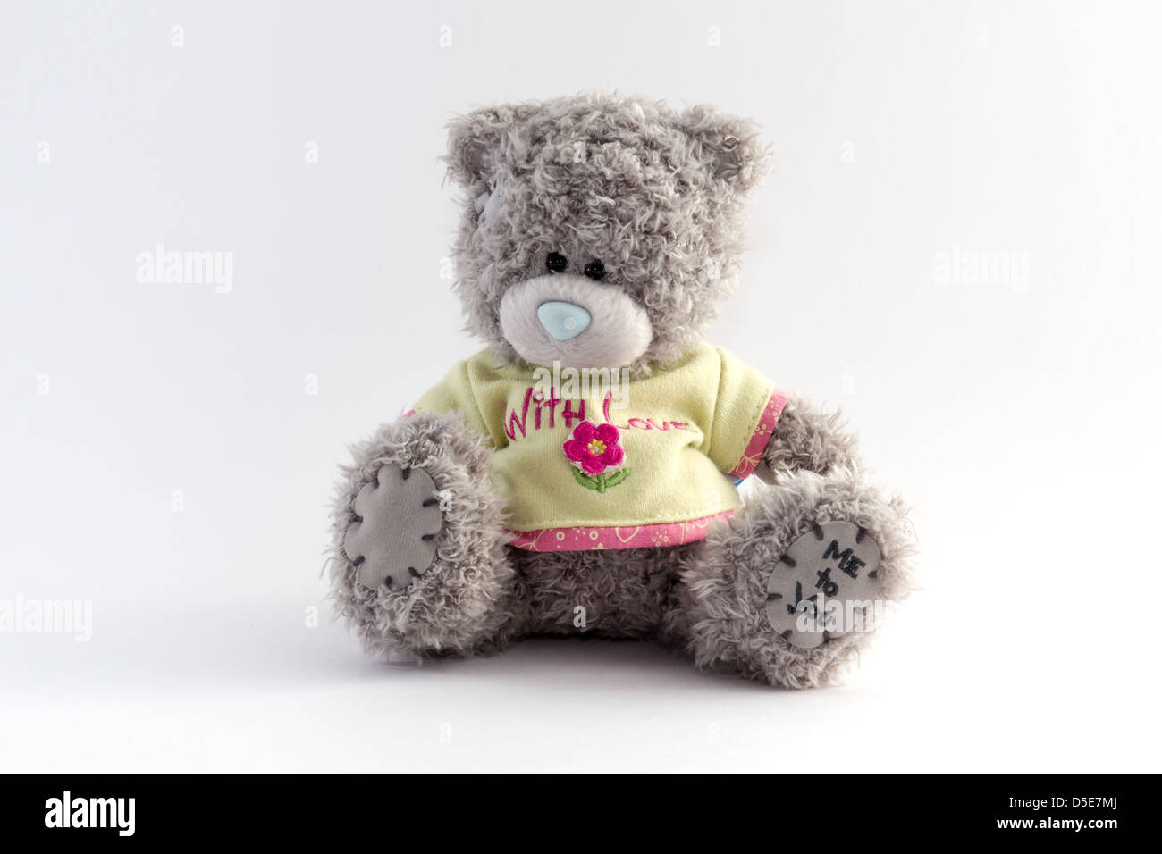 Graue Teddybär auf weißem Hintergrund Stockfoto