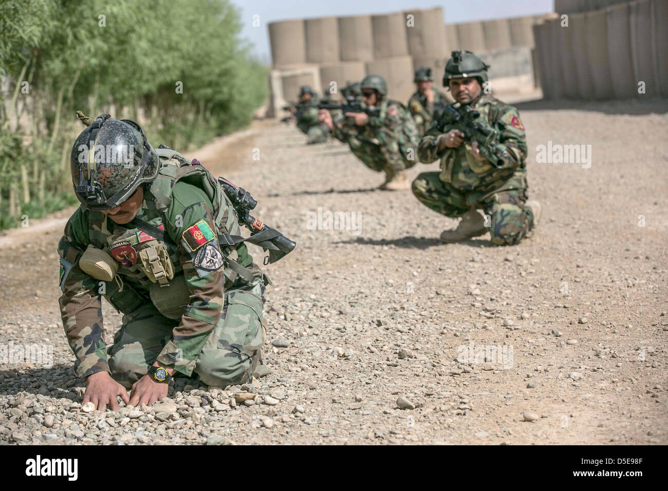 Afghanische Kommandos von speziellen Operationen Kandak sucht eine improvisierte explosive Vorrichtung während Nachweistechniken Ausbildung 14. März 2013 in Waschmaschine District, Provinz Helmand, Afghanistan. Stockfoto