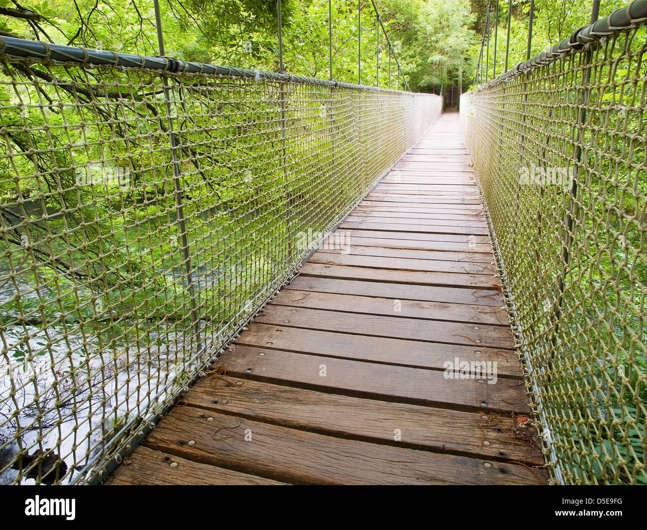 Hängebrücke in den Wald. Diese Brücke liegt im Naturpark 'Fragas do Eume' Pontedeume, Galicien, Spanien. Stockfoto