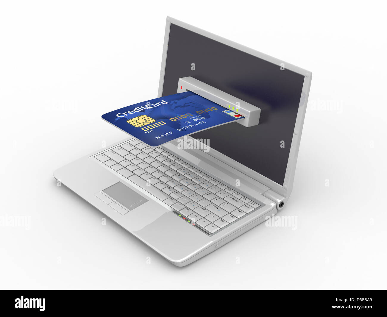 E-Commerce. Laptop und Kreditkarte auf weißem Hintergrund isoliert. 3D Stockfoto