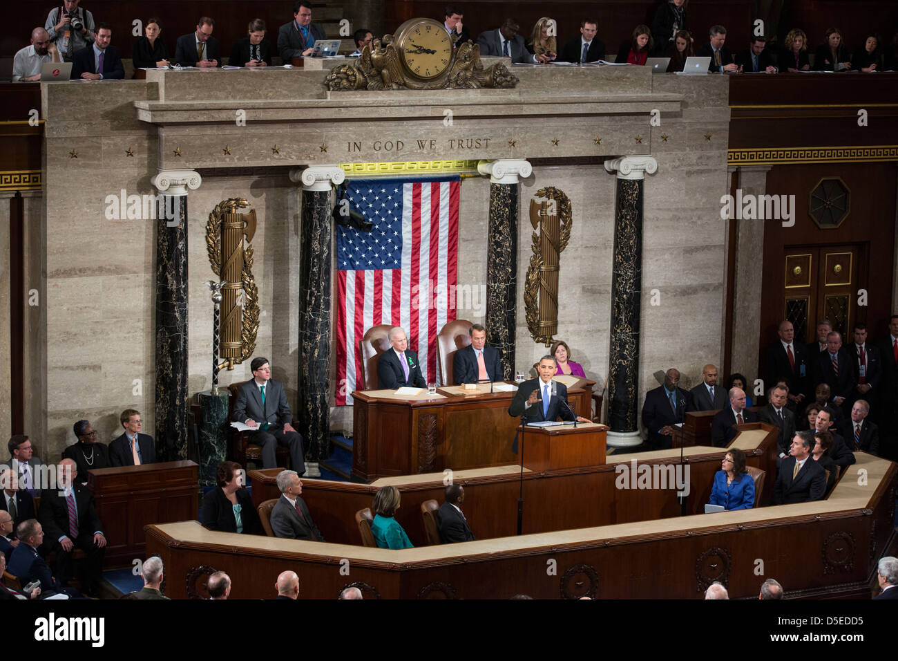 US-Präsident Barack Obama liefert die Rede zur Lage der Union zu einer gemeinsamen Sitzung des Kongresses auf dem Kapitol in Washington. Stockfoto