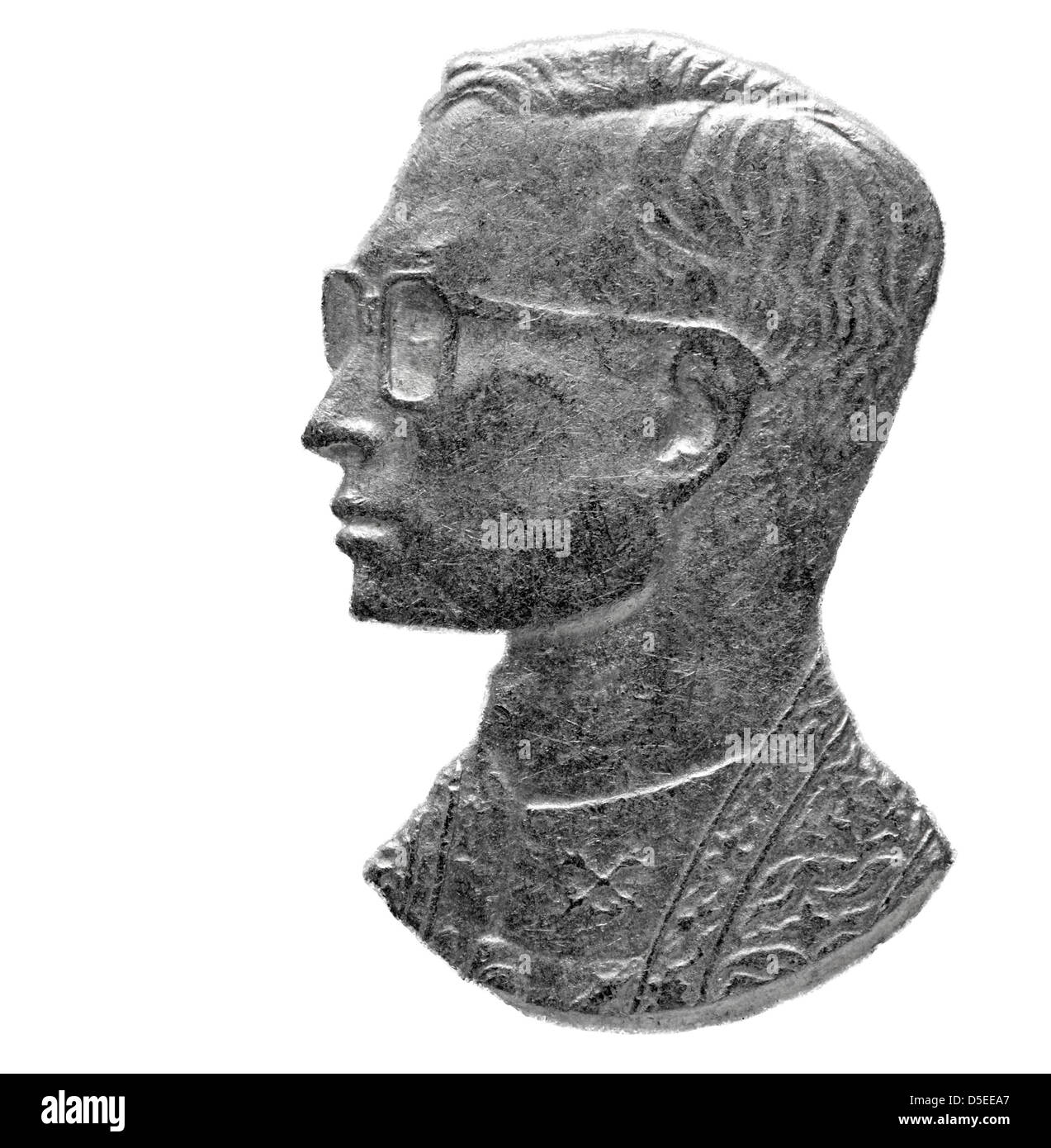 Porträt von Rama IX von 1-Baht-Münze, Thailand, 1974, auf weißem Hintergrund Stockfoto