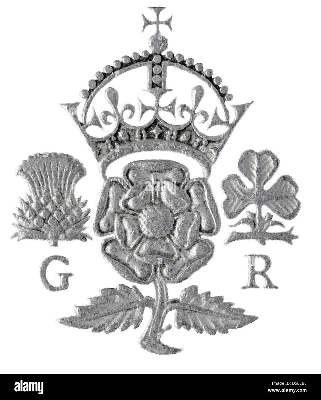 Gekrönte Tudor rose, Distel und Shamrock aus 1 Florin (2 Shillings) Münze, UK, 1948, auf weißem Hintergrund Stockfoto