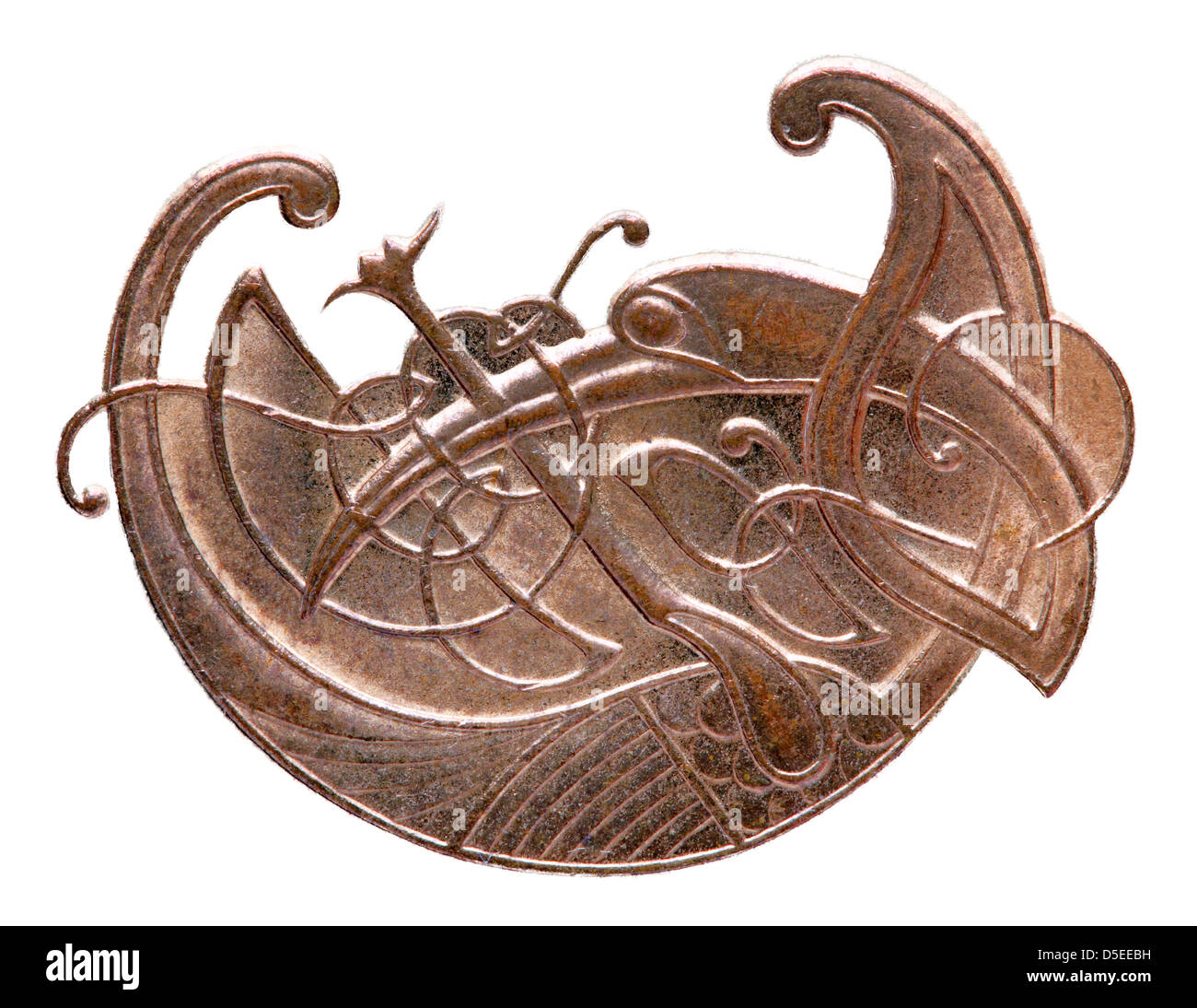 Stilisierter Vogel von 2 Cent Münze, stilisierter Vogel, Irland, 1979 auf weißem Hintergrund Stockfoto