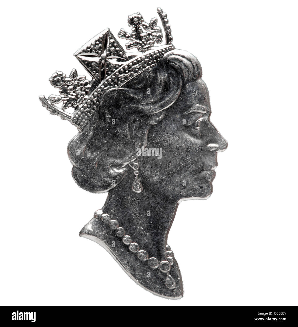 Porträt von Königin Elizabeth II von 50 Cent Münze, Kanada, 1995, auf weißem Hintergrund Stockfoto