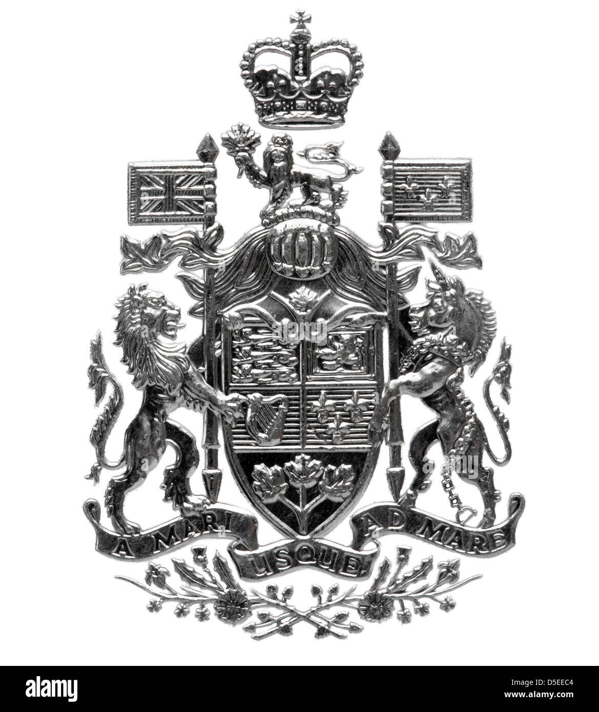 Kanadische Wappen von 50 Cent Münze, Kanada, 1995, auf weißem Hintergrund Stockfoto