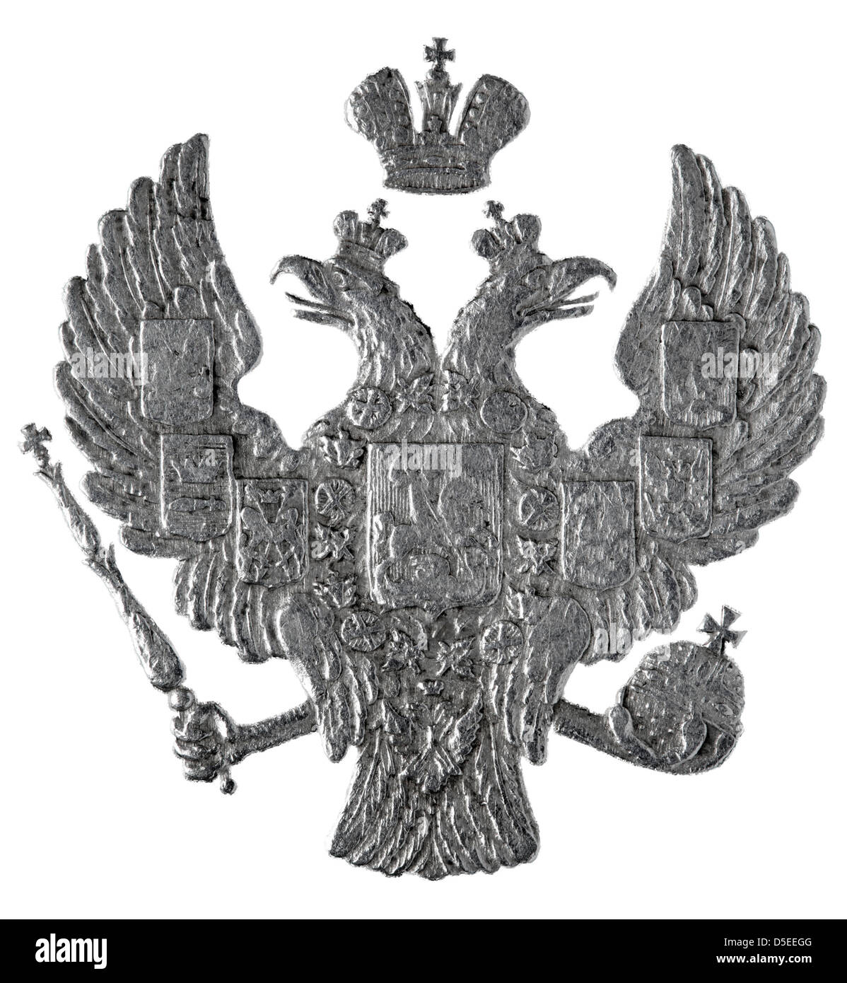 Russische Wappen, Imperial eagle von 1 Rubel Silber Münze, Russland, 1840, auf weißem Hintergrund Stockfoto