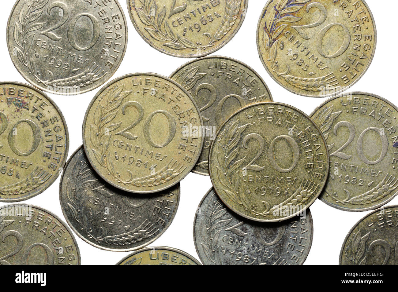 Stapel der französischen 20 Rappen Münzen, Frankreich Stockfoto