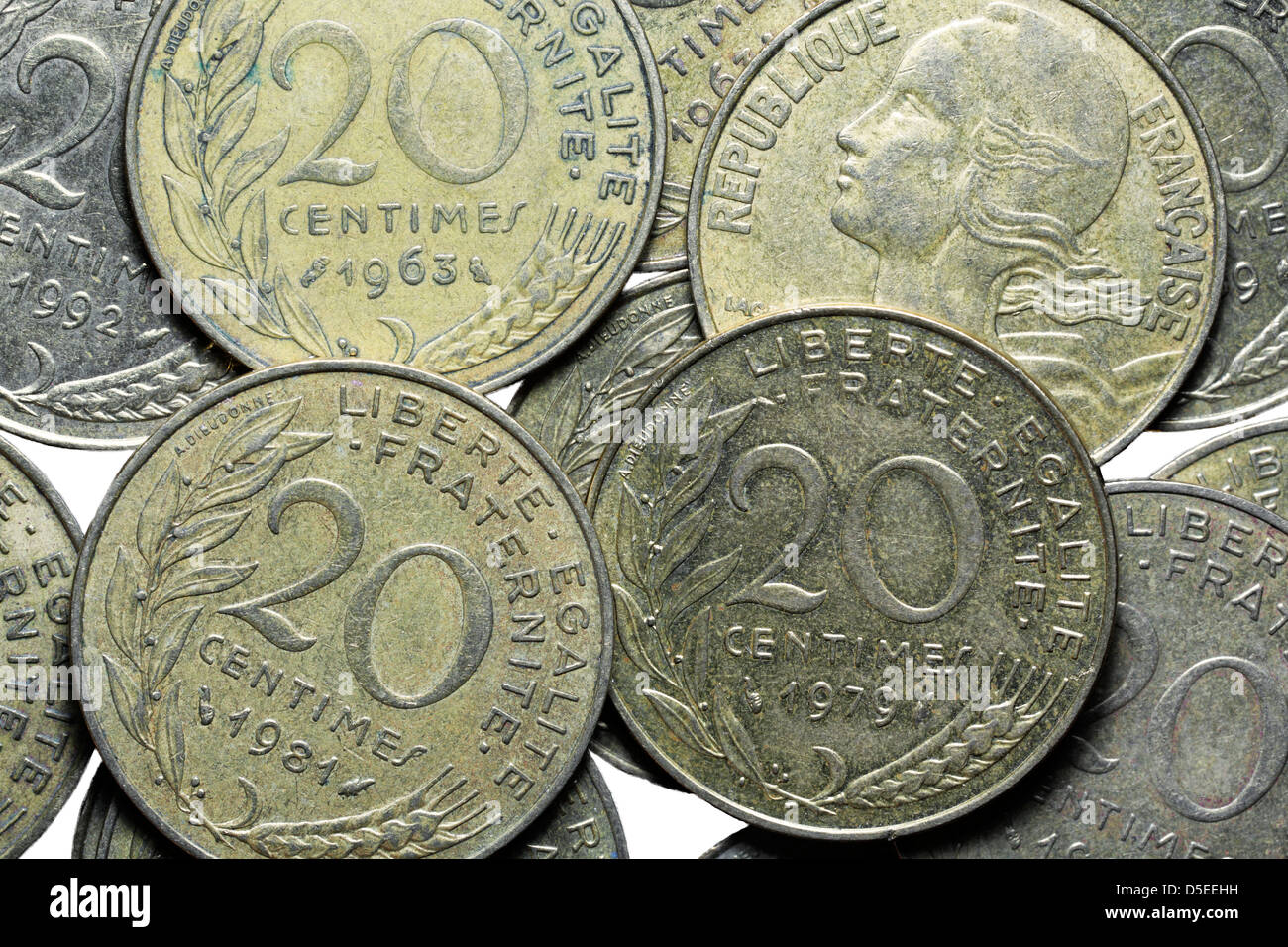 Stapel der französischen 20 Rappen Münzen, Frankreich Stockfoto