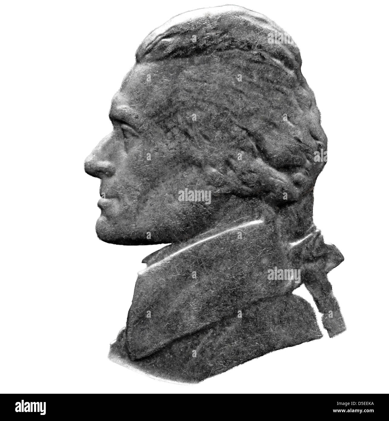 Porträt von Thomas Jefferson aus 5 Cent Münze, USA, 1988, auf weißem Hintergrund Stockfoto