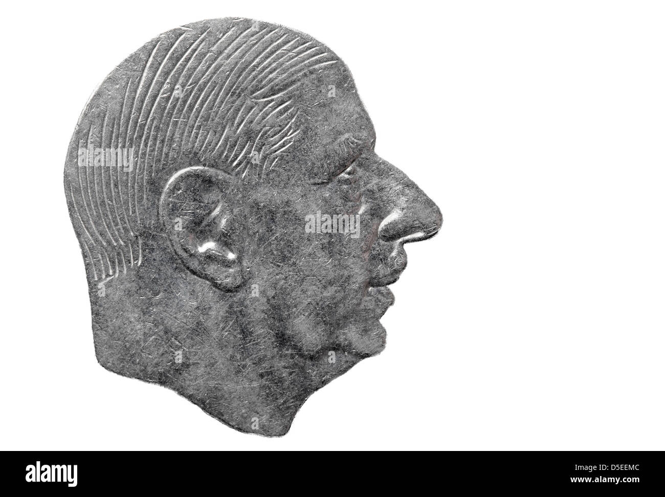 Porträt von Charles de Gaulle aus 1-Franc-Münze, Frankreich, 1988, auf weißem Hintergrund Stockfoto